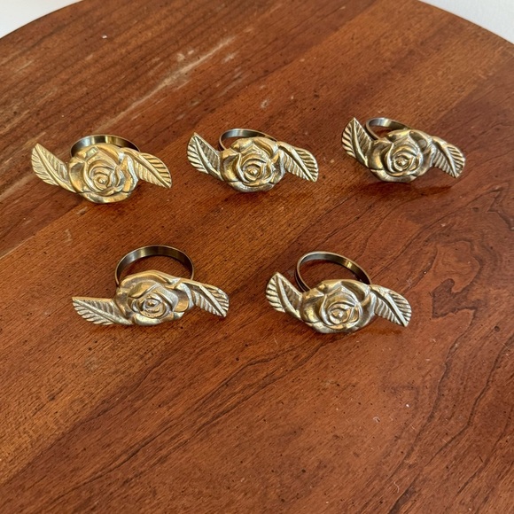 Other - Set of 5 Solid Brass Napkin Rings Single Rose with Leaves Table Decor